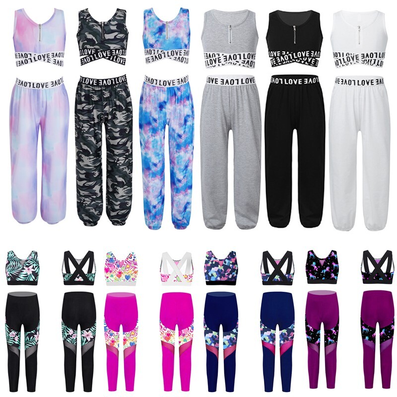 Kids Girls Street Dance Outfit Athletic Tracksuit Crop Top Trousers Set Costumes