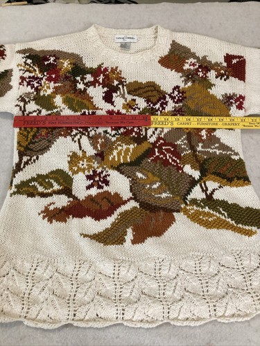 Vtg Casual Corner Tunic Sweater Cream & Fall Leaves SZ L Detail Hem Cottagecore - Picture 10 of 19