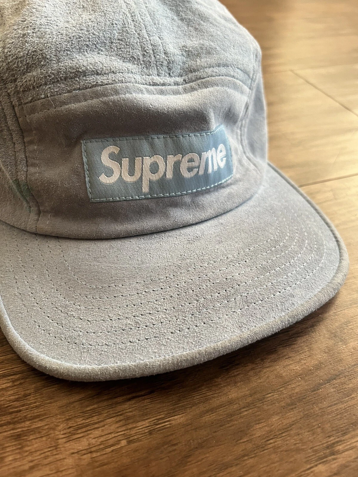 Casquette de camp en daim suprême bleu clair SS17 chapeau 5 panneaux boîte bogo logo BOGO