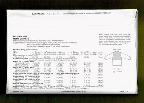 NEW Men's Zip Front Jackets Sewing Pattern~3 Variations (S-XXL) Kwik Sew 3569 - Picture 2 of 3
