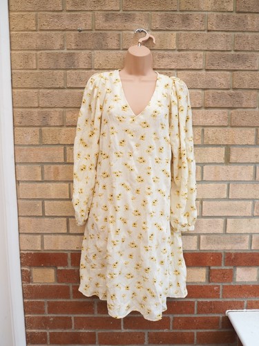 VILA CREAM YELLOW DAISY FLORAL TEXTURED LONG SLEEVE SMOCK A LINE DRESS 8 10 S - Picture 2 of 8