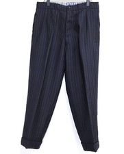 French 1940s Dark Blue Striped Wool Tailor Made Pleated Pants W34 Made in France