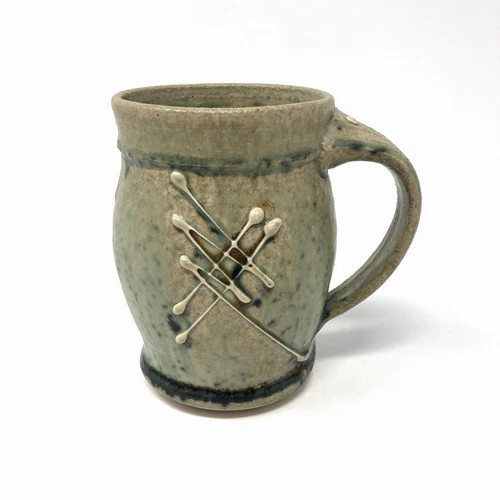 Studio Pottery Mug Tankard Green Salt Glaze 3D Relief Artisan Signed 12 oz