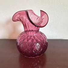 Vintage Rossi Hand Blown Cranberry Glass Quilted Diamond Optic Ruffled Edge Vase