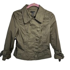 H M Women s Green Utility Jacket Sz 6 Button Front Tab Cuffs Pocket Military