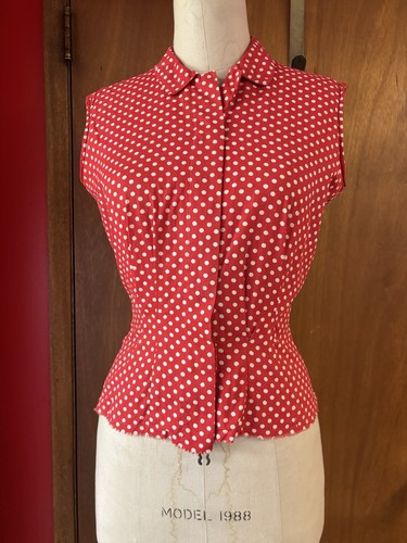 Vintage 1950’s Red w/ White Dot Cotton Women’s Sleeveless Top 27” Waist 38” B