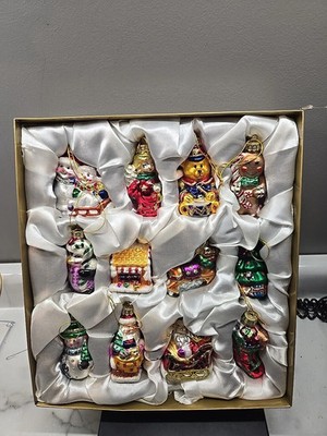 AMERI CHRISTMAS SET OF 12 BLOWN GLASS ORNAMENTS IN SATIN CLOTH GIFT BOX