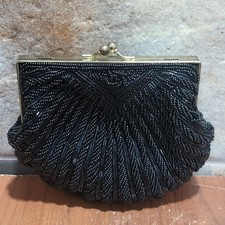 Vintage Black Beaded Clam Shell Evening Bag Clutch Purse Chain Strap Kisslock Cl