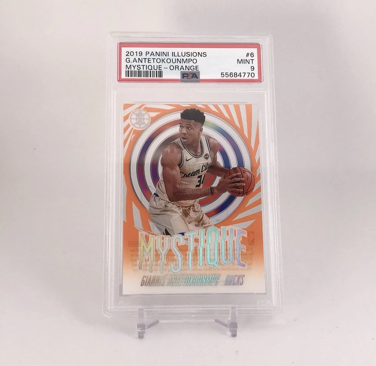 panini 2019-20 Illusions Mystique Giannis Antetokounmpo Bucks Orange #6 PSA 9