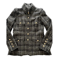 CHANEL 08P BLACK TWEED CC LOGO GOLD BUTTON JACKET BLAZER FR46 XL