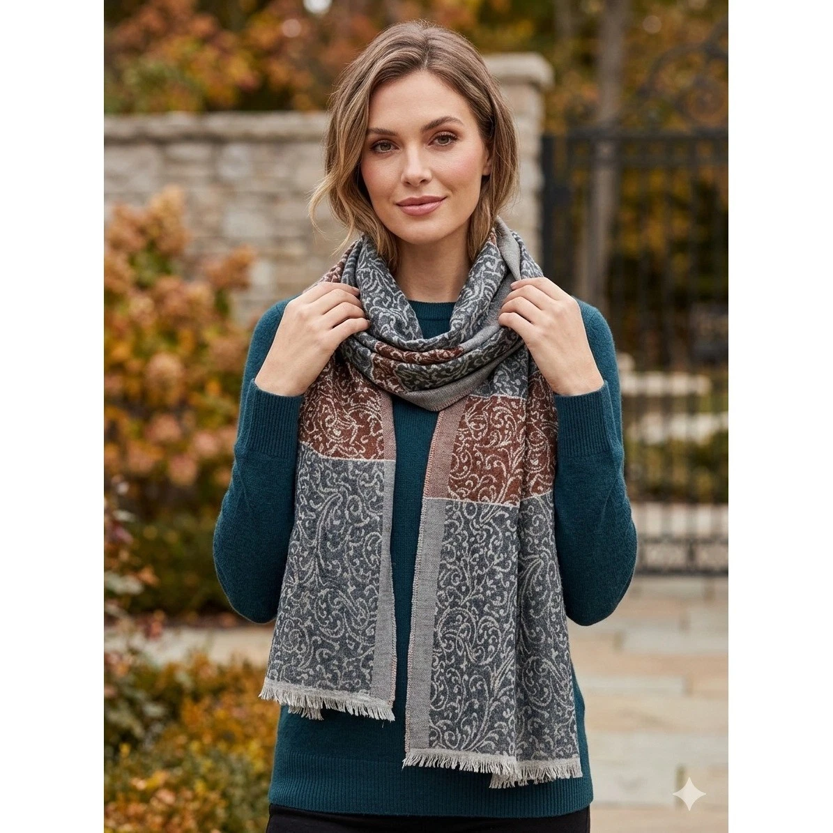 Cecchi e Cecchi Italy Paisley Jacquard Scarf Grey Rust Brown Eyelash Fringe Wrap