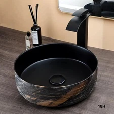 Ceramic Vessel Sink Round Washing Bowl Deck Mounted Waterfall Mixer Faucet Drain