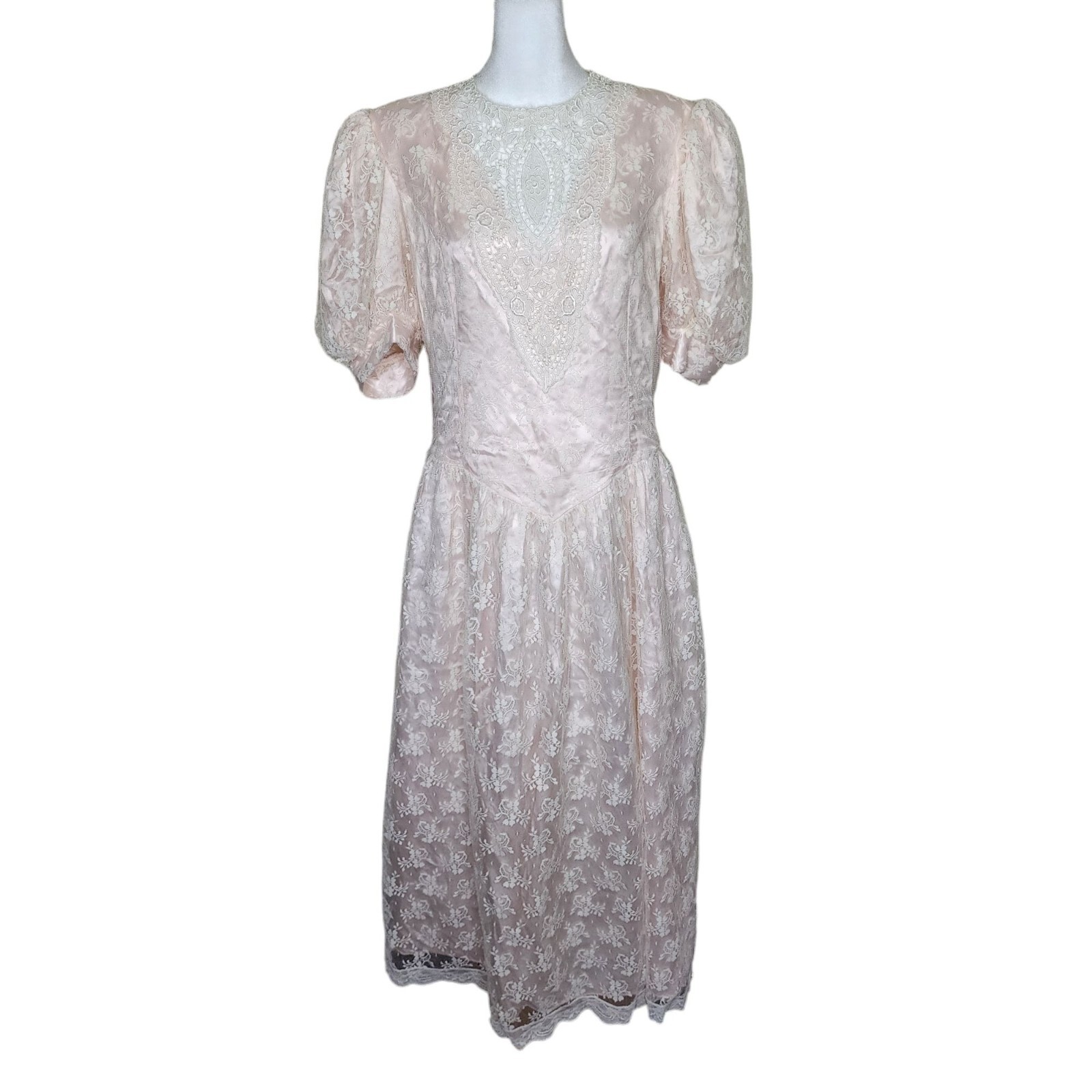 Vintage 80s Scott McClintock Pink Peach Drop Waist Lace Dress Size L Roma