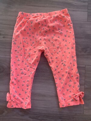 Lightning Bug Girls Capri Leggings Neon Coral Glitter Heart Print Bows Size 5