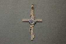14K Solid Yellow Gold Beautiful Two Tone Crucifix Flower Cross CZ Charm Pendant.