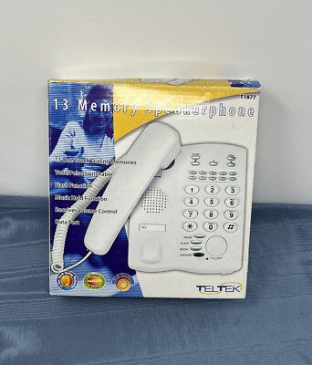 Corded White Speaker Phone 13 Memory Hearing Aid Data port Music Hold TELTEK