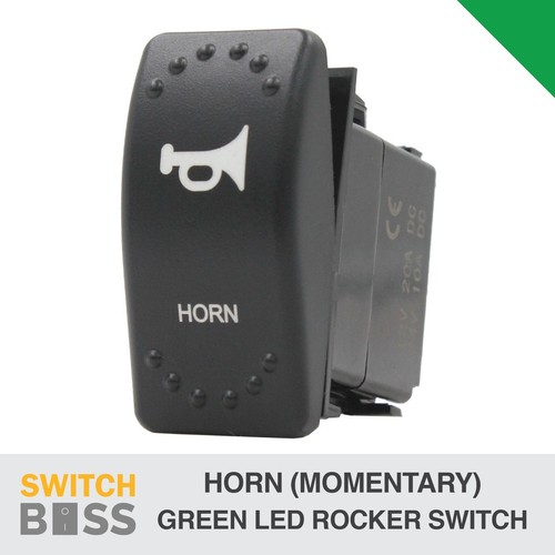 HORN (Momentary) LASER ETCHED Rocker Switch - GREEN LED 12v 24v Toggle ...