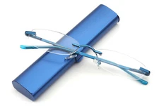 Blue Reading Glasses Readers Rimless Compact Travel Slim Design with Case Unisex