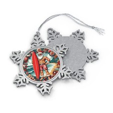 Surfer Santa, Hawaii Santa, Pewter Snowflake Ornament Gift