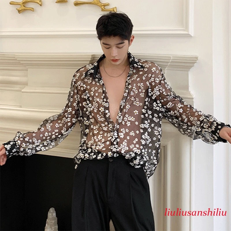 Men Floral Mesh Shirt Top Transparent Sheer Long Sleeve Sun Protection Loose