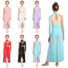 Kids Girls Leotard One Shoulder Dresses Skirted Dancewear Costume Practice Jazz