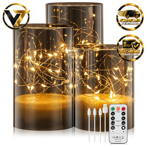 LED Kerzen 3Er-Set Aufladbar 1000Mah Mit Fernbedienung Dimmbar Grau-image