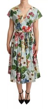 Dolce & Gabbana Green Floral Short Sleeves Cotton V-neck Women's Dress Authentic