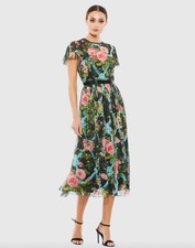 NEW Mac Duggal 9149 Floral Illusion Cap Sleeve Midi Dress Black Multicolor Sz 8