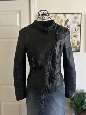 Zara 100% Lamb Skin Leather Black Moto Jacket Quilted Biker Asymmetrical Zip M