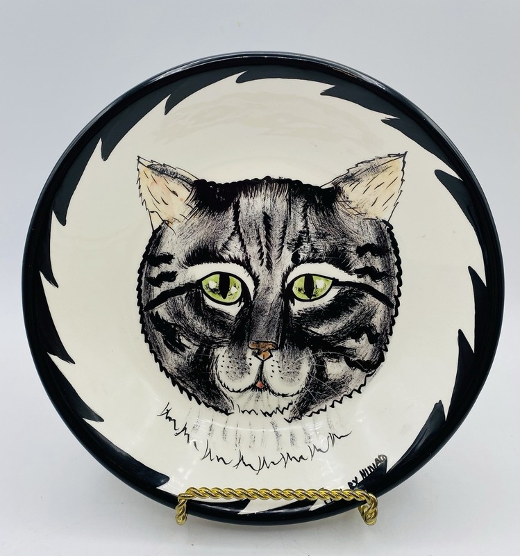 CATS by NINA Hand Painted Green Eyed "Tabby Cat” Art Ceramic Bowl