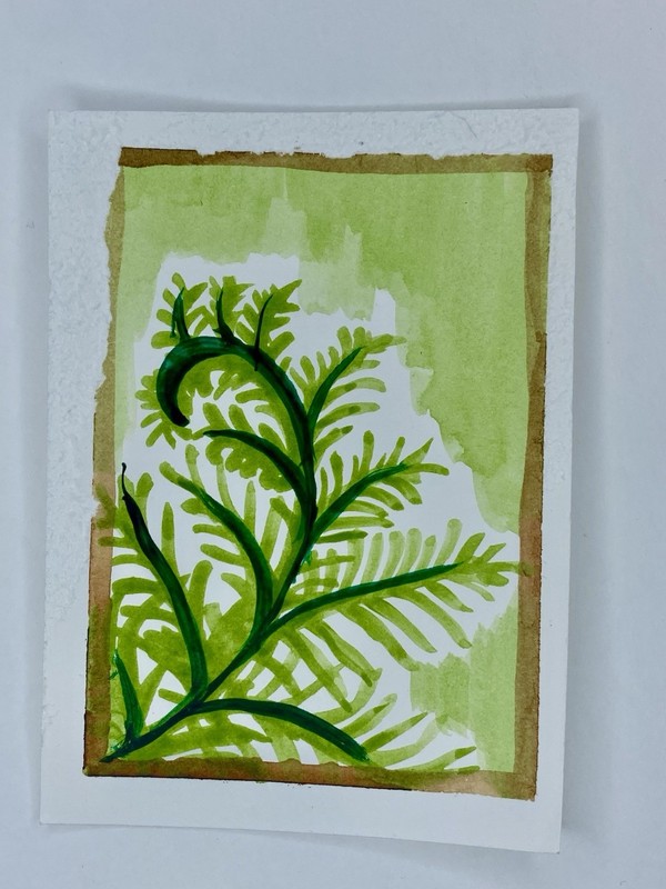 ACEO Original Watercolor Painting Palm Fern Leaf 2.5x3.5 Art ACT