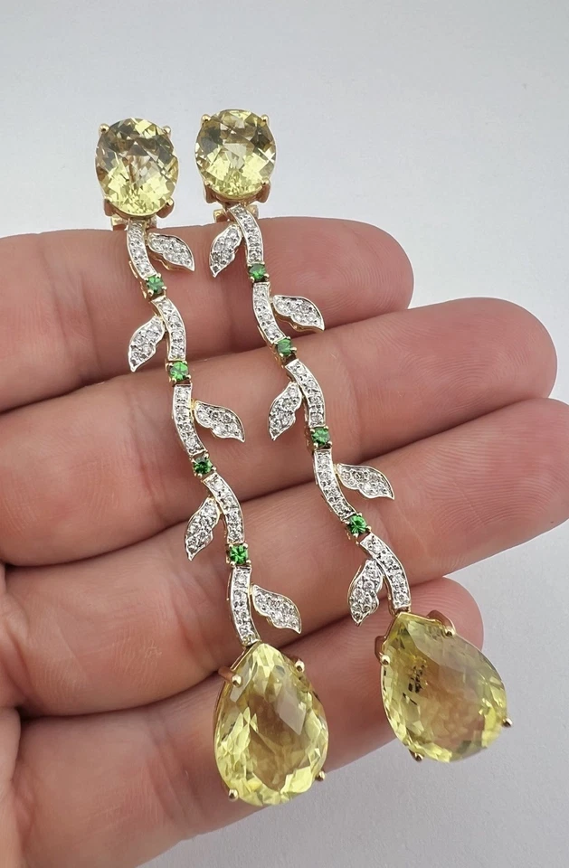 18k Yellow Gold Tsavorite Diamond Lemon Quartz Omega Back Dangle Earrings 3 1/8" - Image 2 of 4