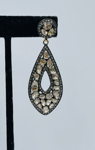 Vintage Plata de Ley Inusual Corte Diamante Natural Grande Colgante Pendientes - Imagen 2 de 9