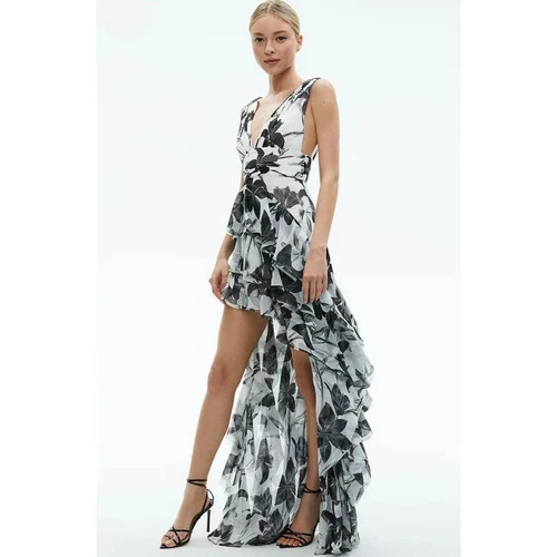 Alice + Olivia Holly MAXIKLEID HOCH NIEDRIG RÜSCHEN GEBLÜMT SCHWARZ WEISS NEU MIT ETIKETT $ 795 UVP - Bild 2 von 16