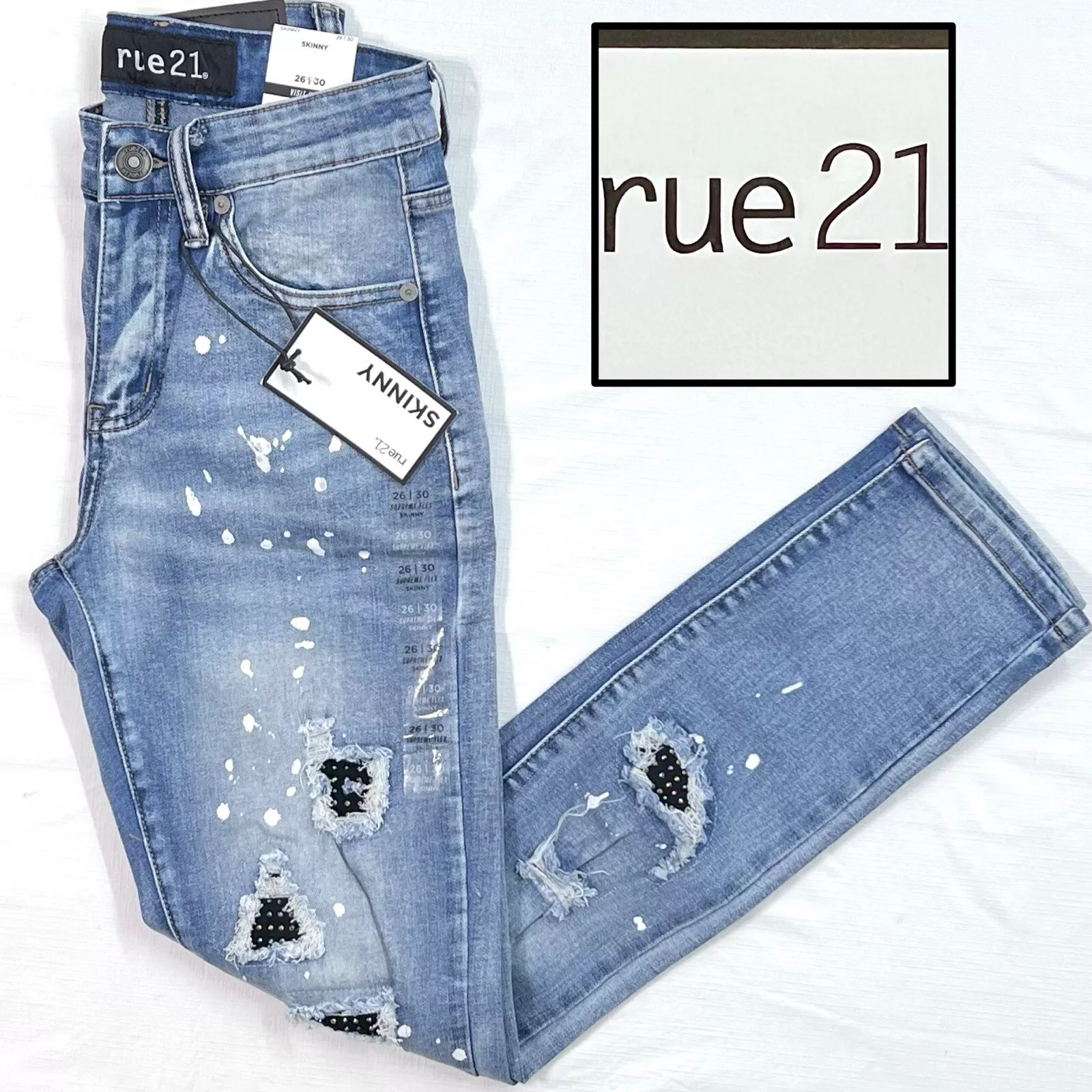 Pantalon jean homme 26 x 30 neuf avec étiquette RUE21 Supreme Flex skinny en détresse embelli