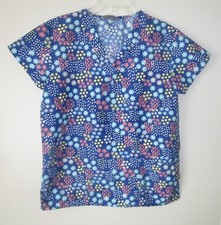 Wear For Care Scrubs Tops Blue Floral Vet or Medical Small