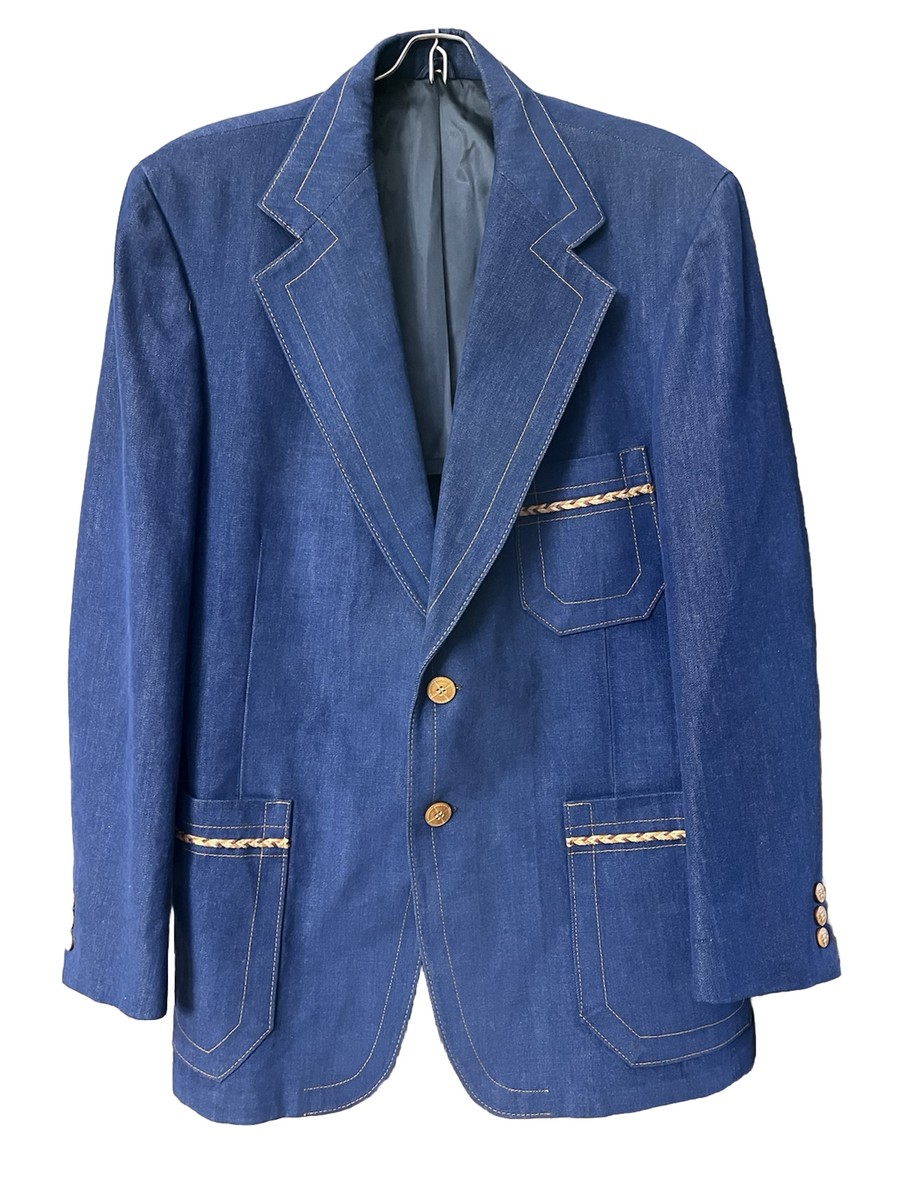 Vintage Mens Blazer Sport Coat Casual 2-Button Jacket Denim