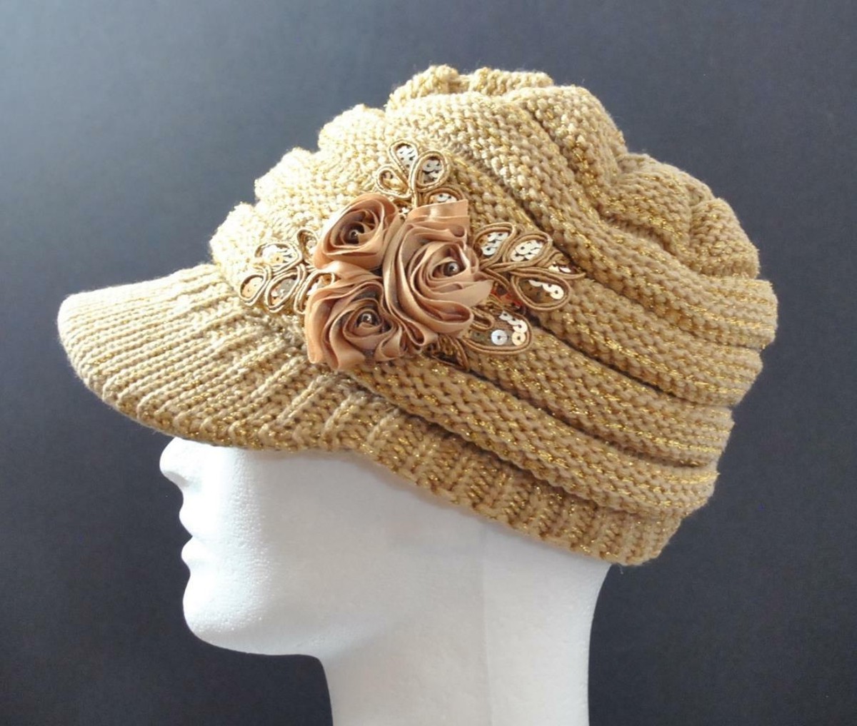 C.C Exclusives Knit Metallic Tan Hat Cap Flower Ribbon  display picture 1
