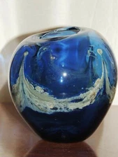 Art Glass Vase 5.5" x 5.5" Blue & Gold Hand Made/Blown 