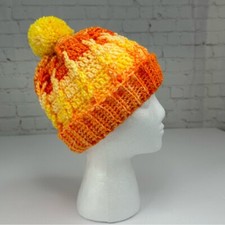 Handmade Crochet Beanie Orange Yellow Gradient Pom Pom Cable Knit Winter Hat NEW
