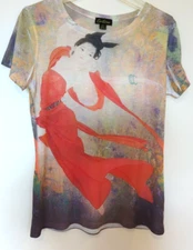 CARTISE T Shirt Top Women L vintage Oriental Theme Dancer in Flowing Red Dress
