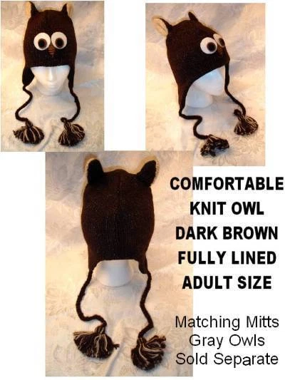 brown OWL HAT knit animal men women ADULT costume LINED toque beanie deLux cap