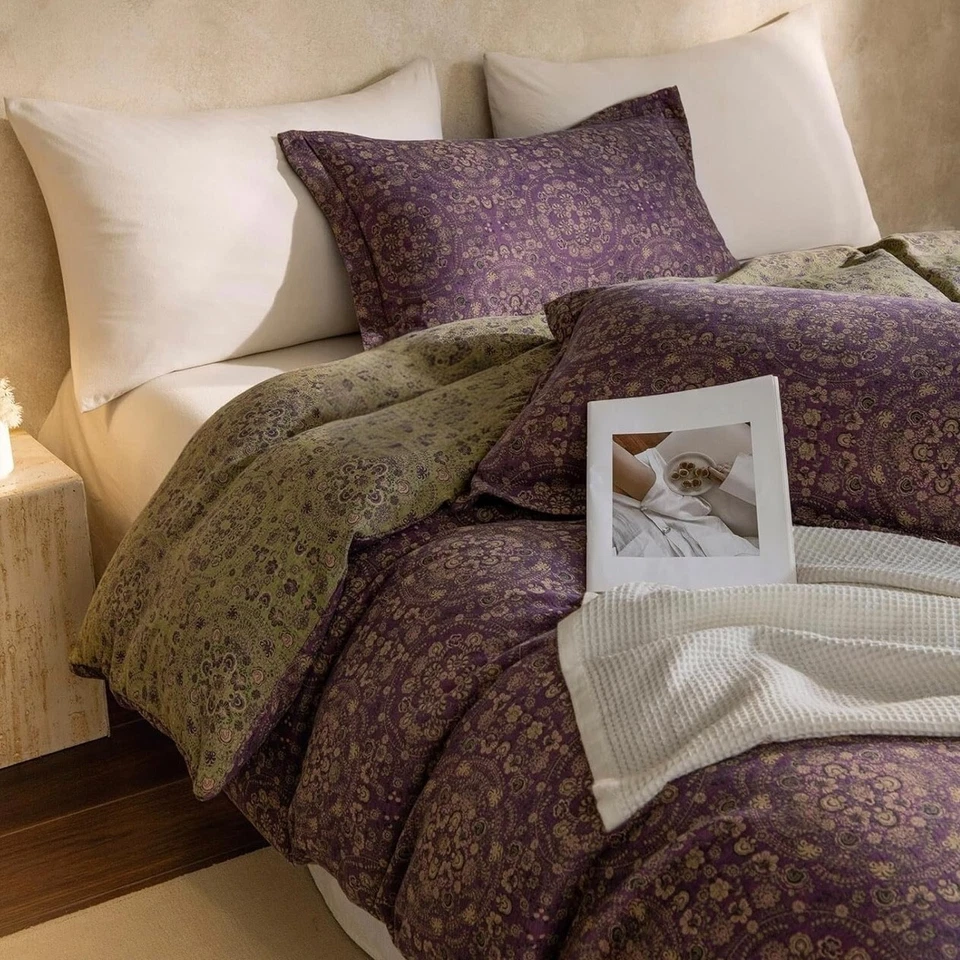 NOVO Edredom e Estojo Sham Anthro Roxo Muslin 100% Algodão Boho Queen King Bedding - Imagem 4 de 4