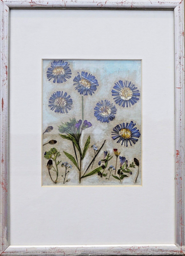 Vintage Collage dry flowers painting framed meadow under glass wall decor