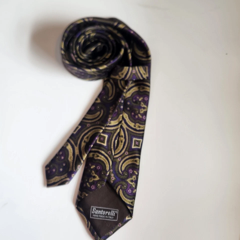 Corbata de seda Santorelli para hombre hecha a mano en Italia medallón púrpura/oro 60" de largo Foto 4 de 4