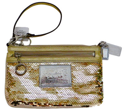 New NWT Coach Poppy Gold Sequined XL Spotlight Wristlet Clutch