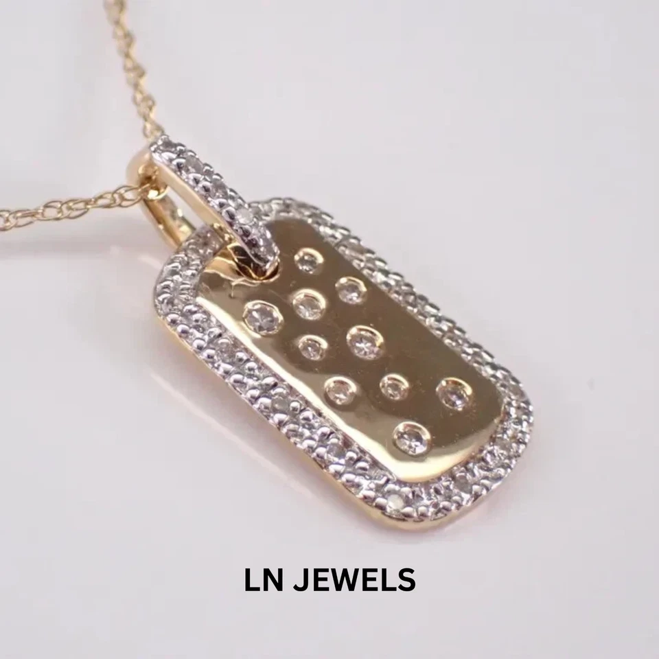 0.10Ct Round Cut Moissanite Dog Tag Charm Pendant 14K Yellow Gold Plated 18" - Image 2 of 4