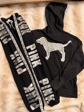 Victoria's Secret Pink Bling Dog Hoodie Sweatpants Set Black Silver Medium RARE