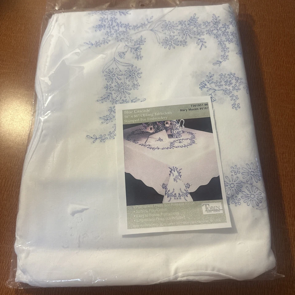 Tobin Stamped Cross Stitch Embroidery Tablecloth Blue Cascade 58x86 PLUS Napkins - Image 3 of 4