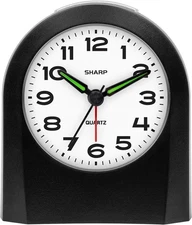 Sharp Small Battery Operated Analog Alarm Clock Silent No Ticking, Black